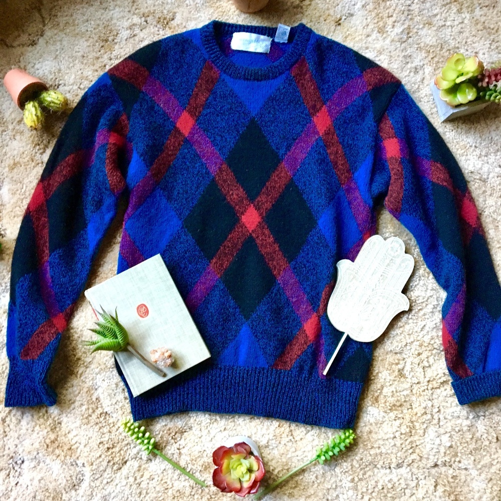 {Vintage} 100% Shetland Wool Plaid Grandpa Sweater